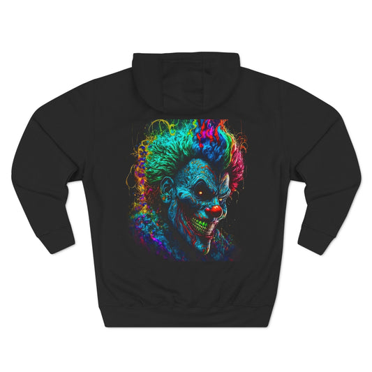 Dark Clown Fleece Hoodie, Three-Panel Sweatshirt, Scary Circus Outerwear, Creepy Joker Pullover, Halloween Costume Jacket, Spooky Jester